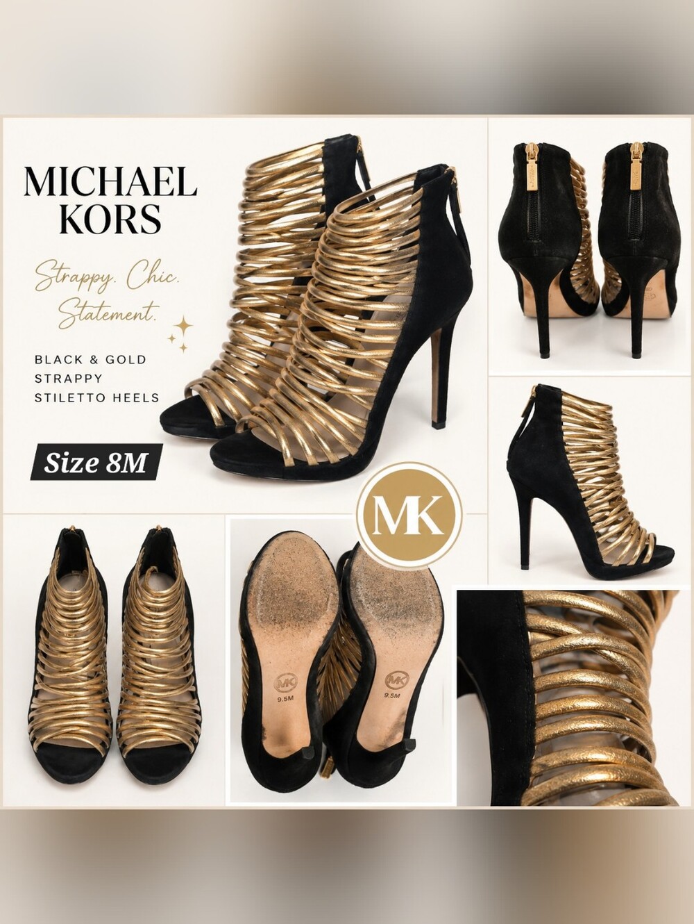 Michael Kors Black & Gold Strappy Stiletto Heels | Glam Cage Heels | Size 8M